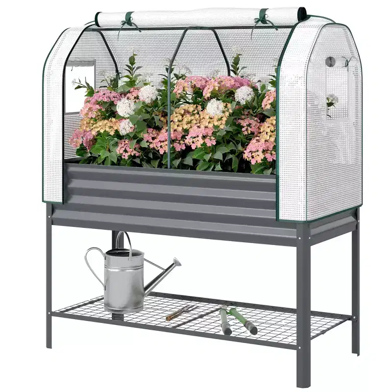 Outsunny Galvanised Raised Garden Bed with Greenhouse Cover, Metal Elevated Garden Bed with Bed Liner and Bottom Shelf