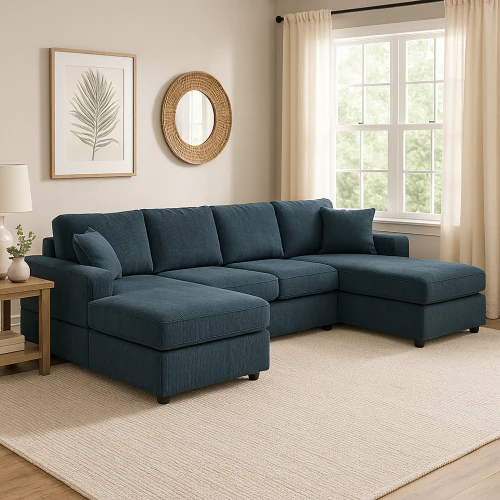 Walker Edison | Coastal Teal Corduroy Double Chaise Cloud Sectional Sofa