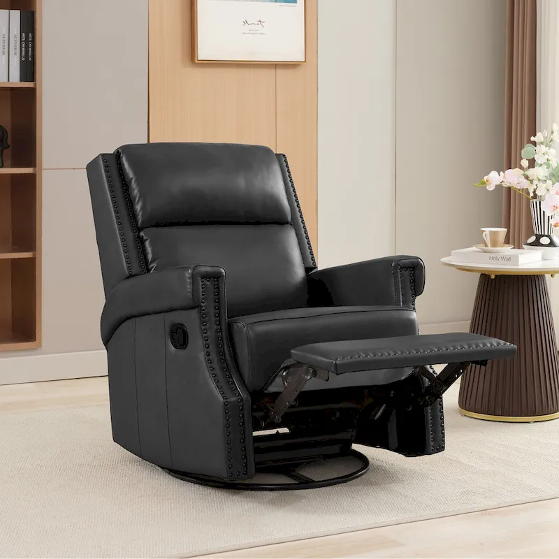 Genuine Leather Manual Rocking Recliner with 360-degree Metal Swivel Base