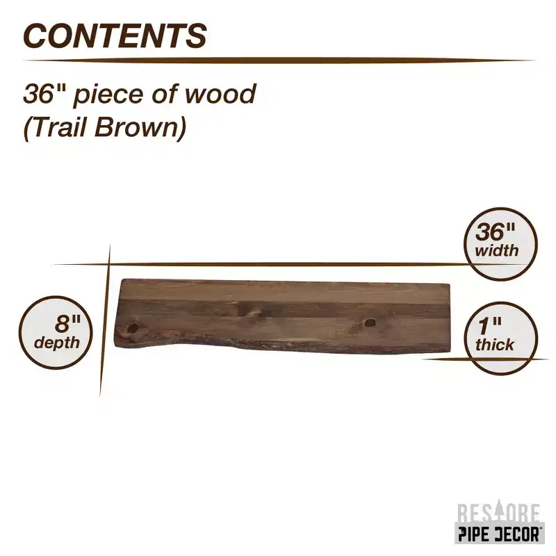 RESTORE Trail Brown 36 in. Live Edge Wood Shelf (Wood Only) by Pipe Decor