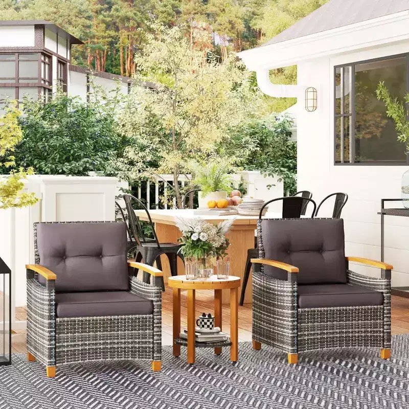 Outsunny 3 Pieces Patio Bistro Set Wooden with Cushions, PE Wicker Patio Furniture Outdoor for Porch, Backyard, Garden, Gray