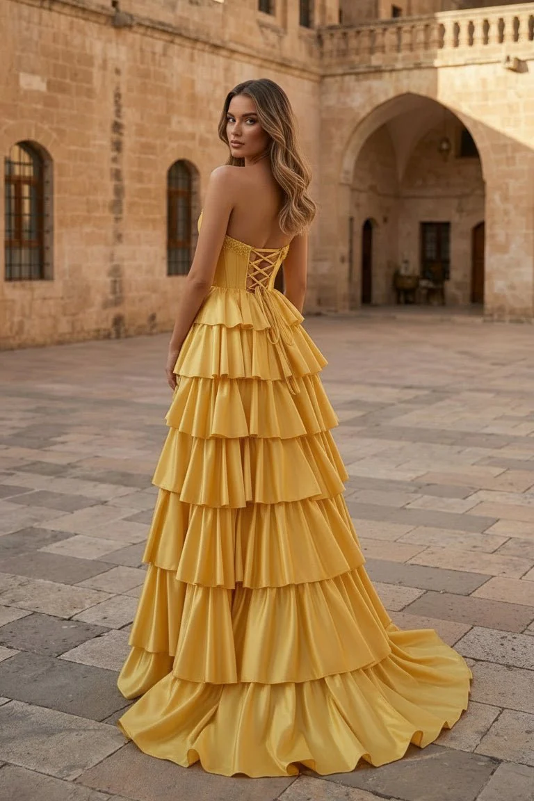 Yellow Strapless Satin Ruffle Tiered Beaded A Line Prom Dresses