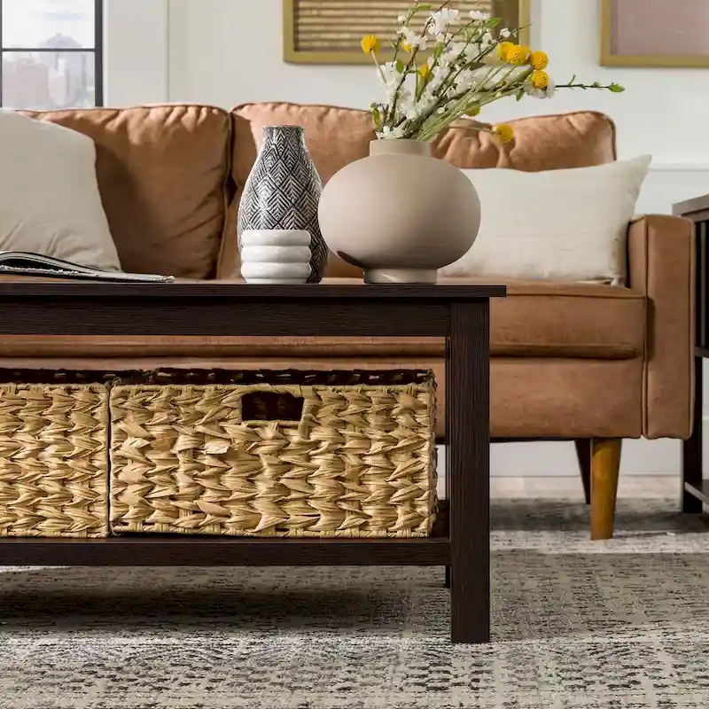 40-Inch Mission Style Coffee Table with 2 Wicker Storage Baskets, MDF Laminate, Wood Grain Design