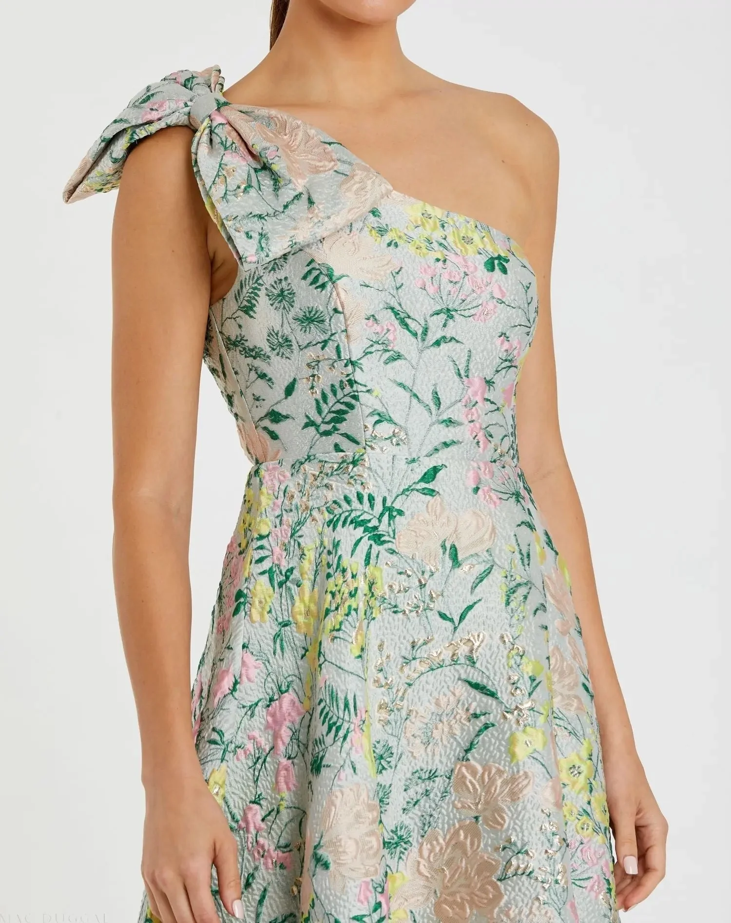 Multicolor One Shoulder Brocade Floral Gown With Bow