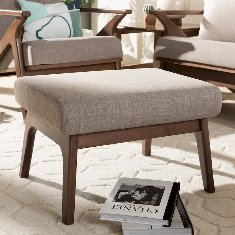 Brown Faux Leather Ottoman with Wood Legs