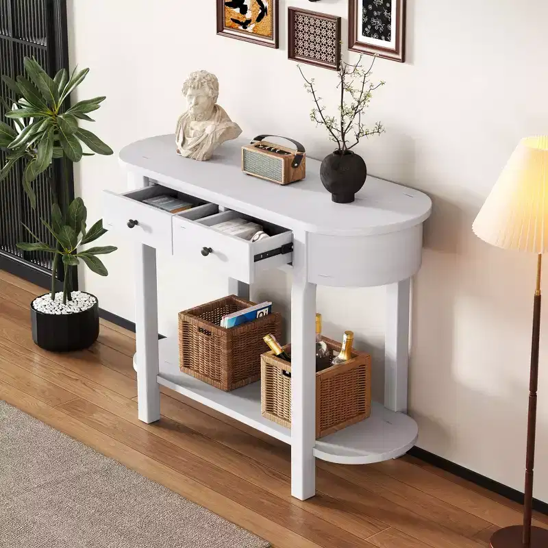 MAYEERTY Retro Console Table with Curved Design and Smooth Glaze for Entryways Living Room Hallways Turquoise Antique White