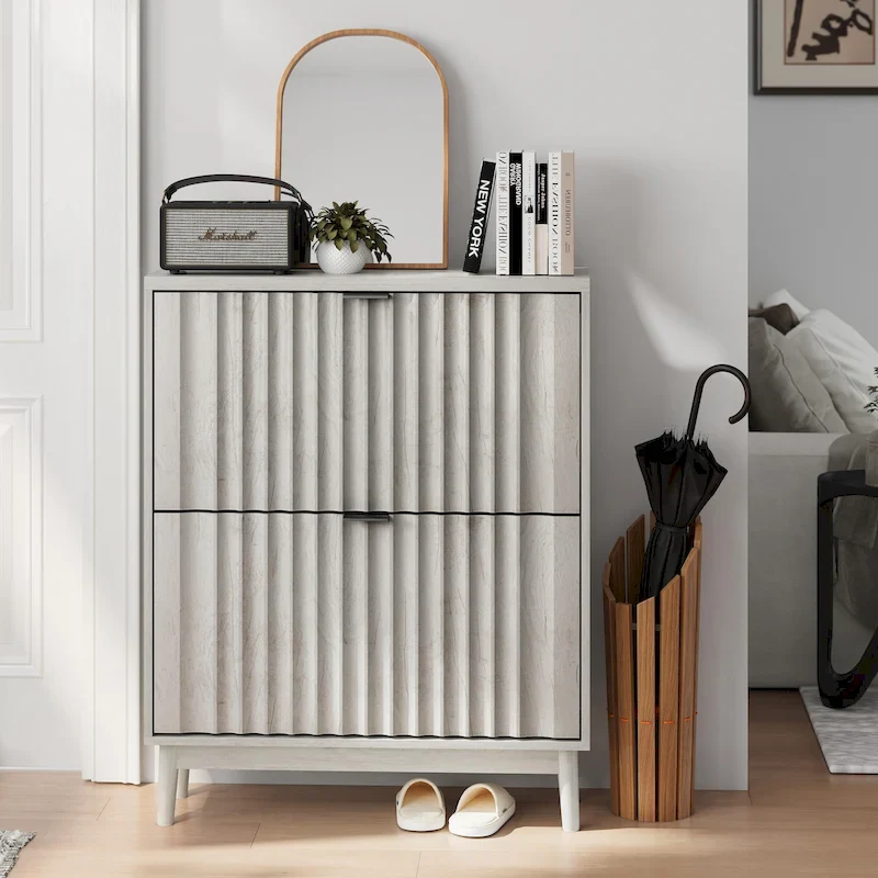 Gray Fluted Shoe Cabinet with 2 Flip Compartments