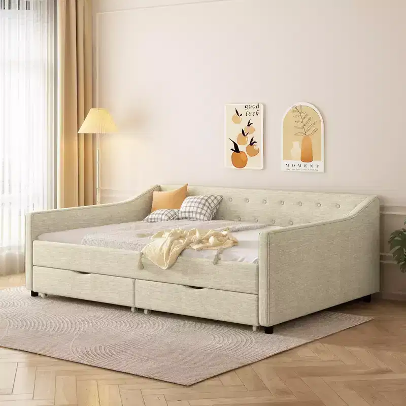 Twin/Full Size Upholstered Tufted Daybed with 2 Storage Drawers/Trundle and Button on Back and Piping on Waved Shape Arms, 4Q -ModernLuxe