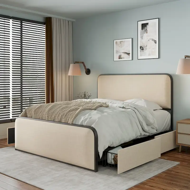 Beige Upholstered Bed Frame with Curved Headboard Footboard, Metal Slat Support Low Profile Platform Bed, Wingback Panel Bed