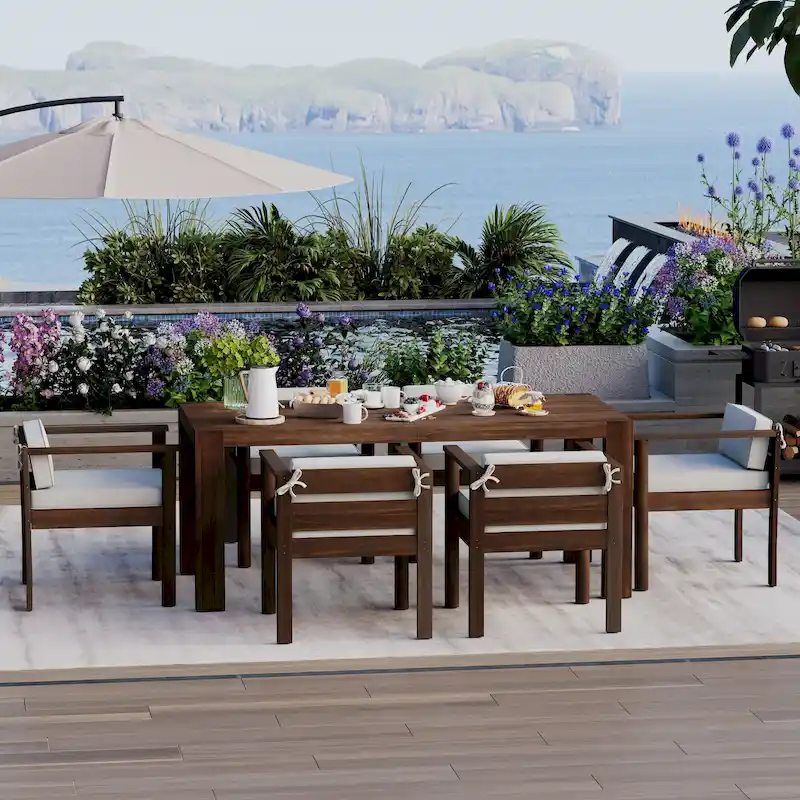 7-Piece Patio Dining Table Set for 6 with Rectangle Table & Chairs with Removable Cushions