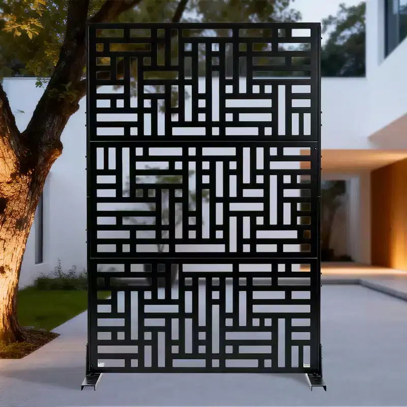 3-Panel Freestanding Metal Privacy Screen, 70-Inch Decorative Outdoor Divider, Weather-Resistant Geometric Design for Patio, Balcony and Pool Area