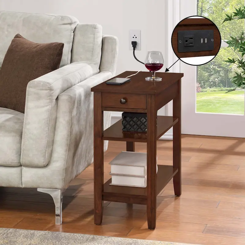 Espresso / Driftwood / Black Chairside End Table with Drawer, Shelves & Charging Station, Single
