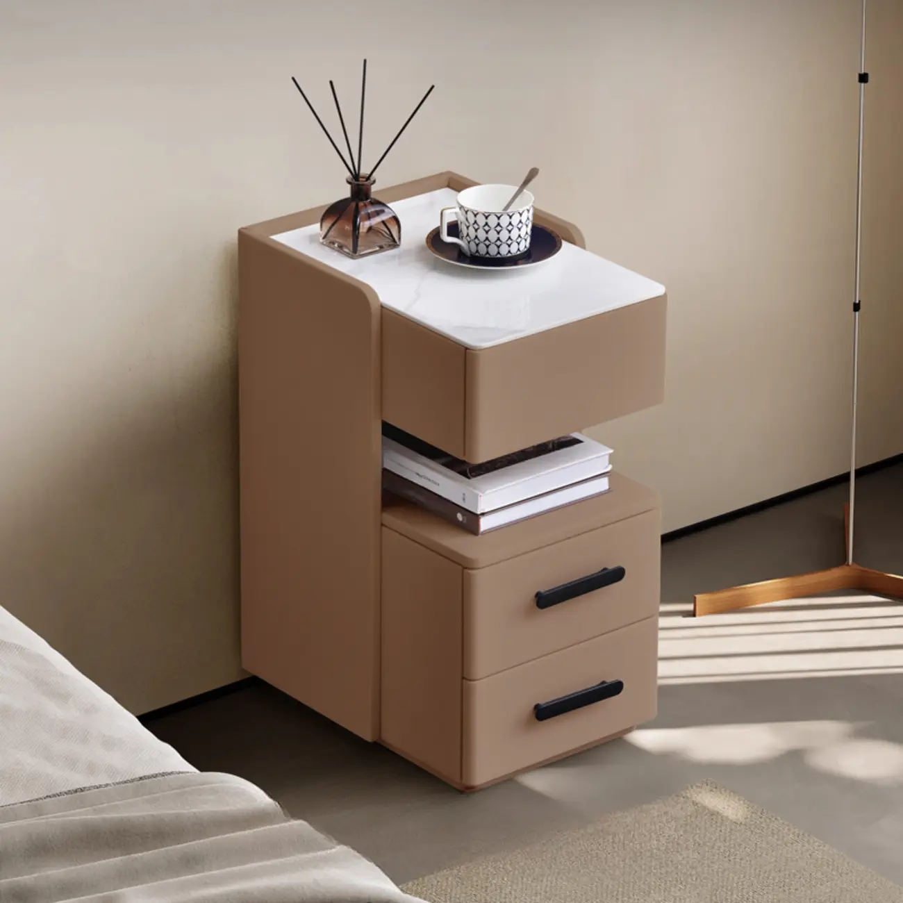 Compact Stone-Top Wooden 4-Tier White Nightstand