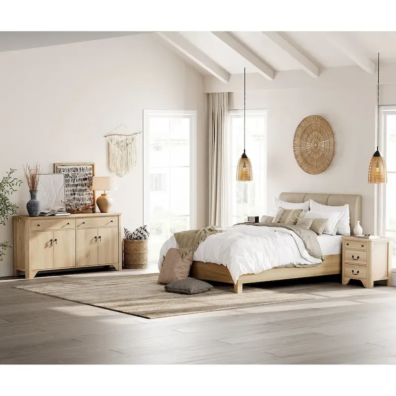 WAMPAT Farmhouse 3PCS Bedroom Set, 59  W Large Sideboard Buffet Cabinet,and Wood Nightstands Set of 2 with Charging Station