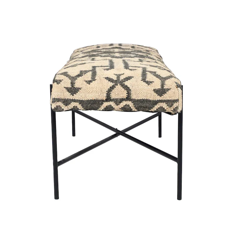 HomeRoots 48 Cream and Black Cotton Blend Upholstered Southwest Bench - 48' X '18' X '16