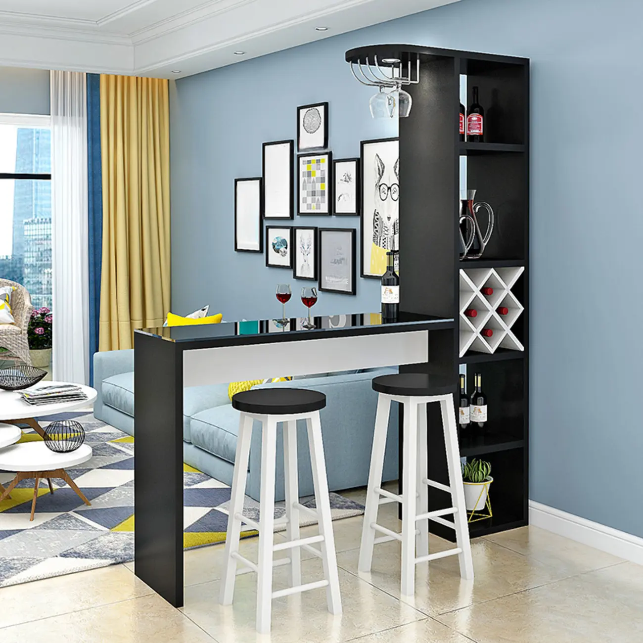 Smoke Tempered Glass Top Pub Table with Open Back Wine Shelf