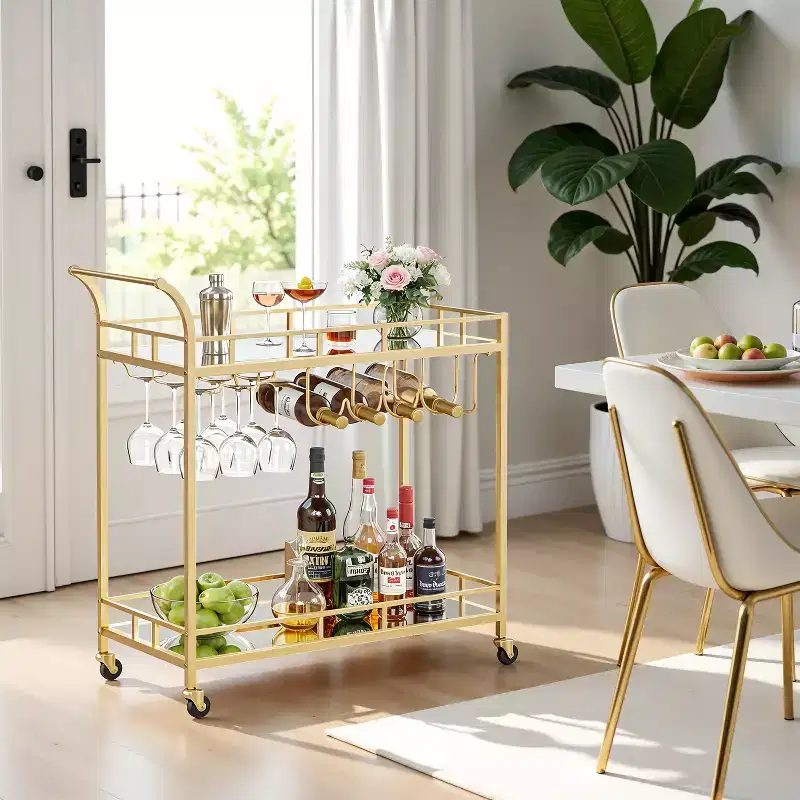 Bar Cart , Home Bar Serving Cart, Wine Cart With 2 Mirrored Shelves, Wine Holders, Glass Holders, For Kitchen, Dining Room