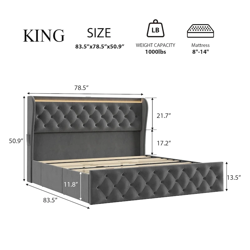 Velvet Upholstered Bed Frame with Wingback Headboard