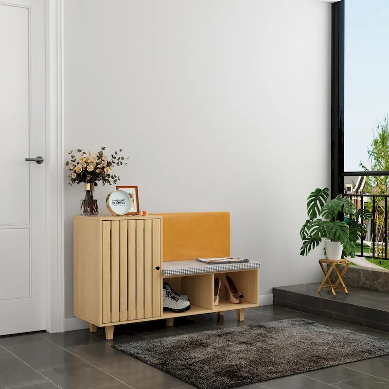 Natural Wood Finish Shoe Cabinet with Houndstooth Bench Seat & PU Backrest – 1-Seat