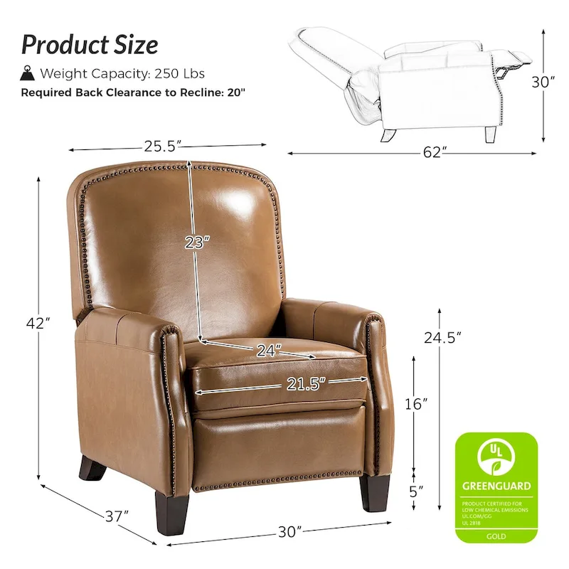 Modern Retro Genuine Leather Recliner with Nailhead Trim & Wooden Frame