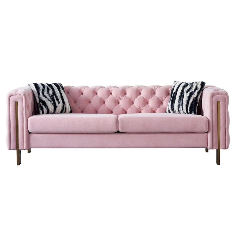 84.25 Luxurious Tufted Velvet Upholstered 3-Seater Sofa with Golden Metal Armrest Design and Buttoned Tufted Backrest