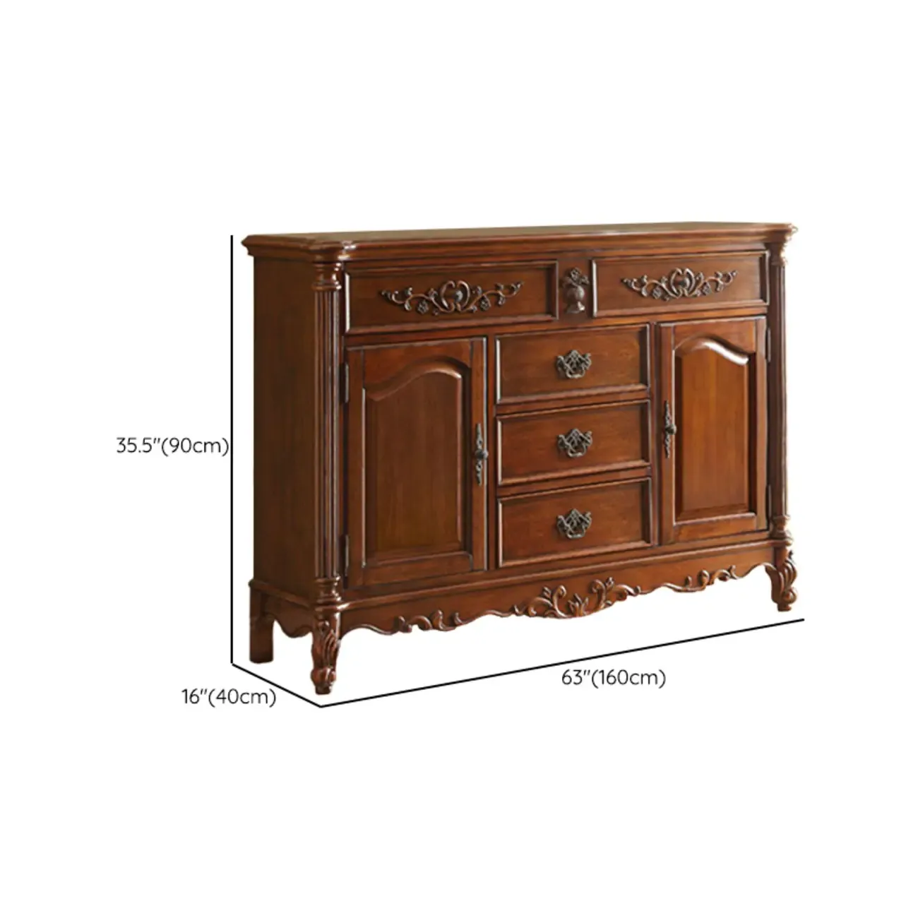 Traditional Brown Rubberwood Sideboard with Drawers