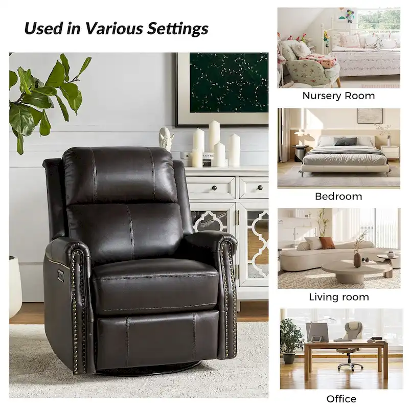 Renato Traditional Genuine Leather Nailhead Power Swivel Recliner Chair with Metal Base Set of 2 by HULALA HOME
