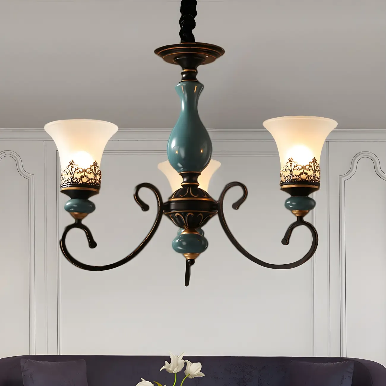 Classical Frosted Glass Blue Ceramic Up Chandelier