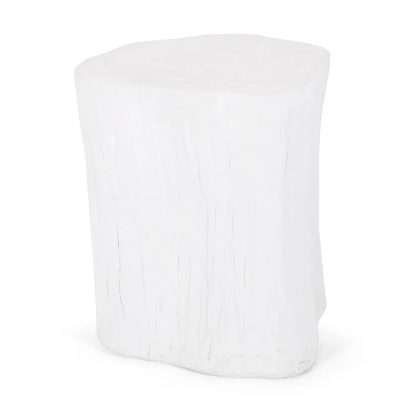 Outdoor End Table, Tree Stump Design, White Concrete Frame, 16 Inch