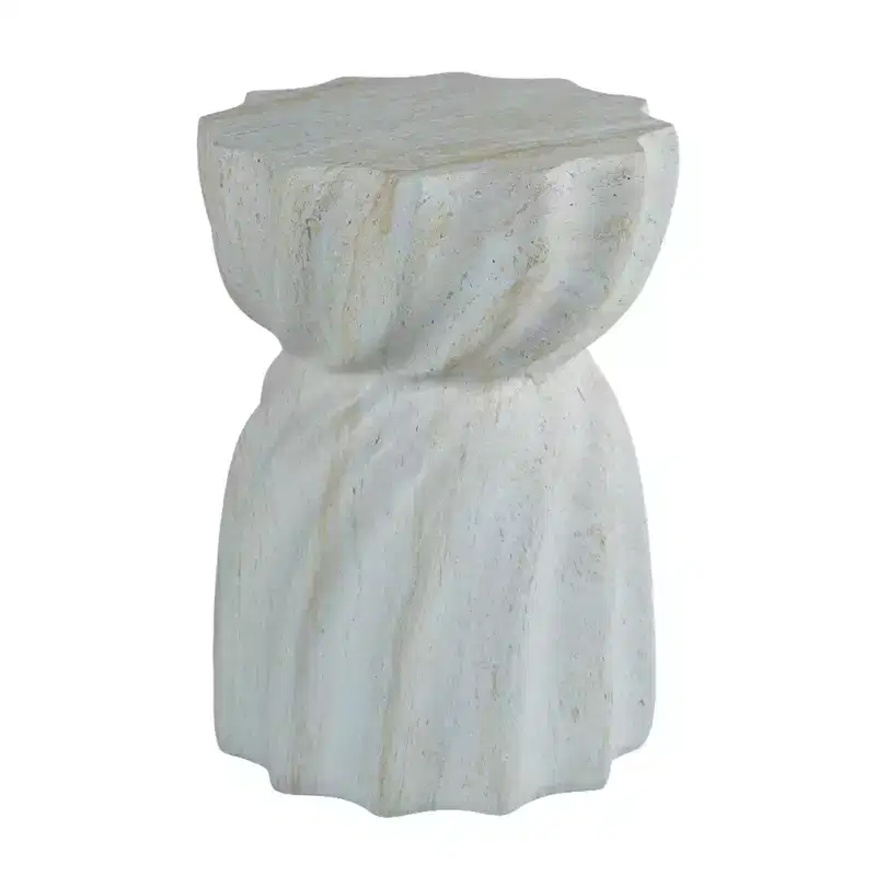NAYSAYE Cement Patio End Table Faux Terrazzo Modern Round Garden Stool Drum Table for Indoor and Outdoor Use, White, 13.78*13.78*18.9