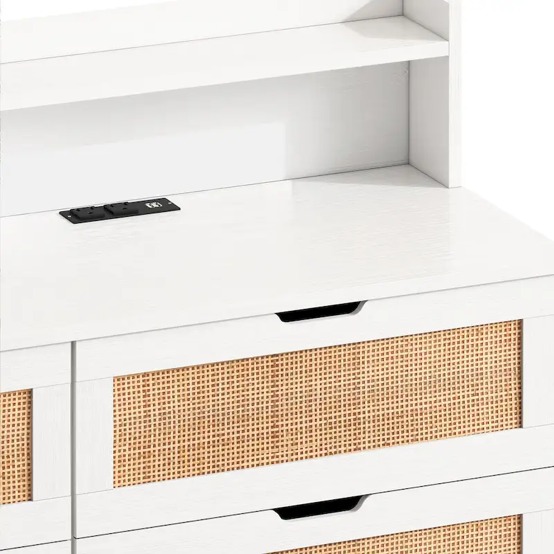 6-Drawers Rattan Accent Cabinet with LED Lights and Power Outlet, White