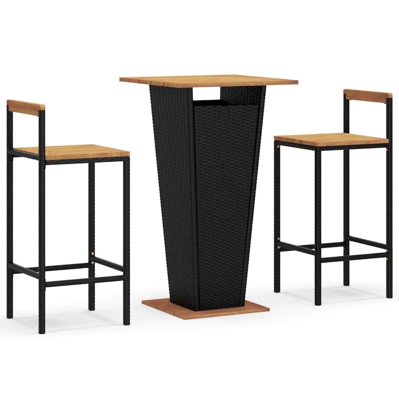 vidaXL 3 Piece Patio Bar Set Black Poly Rattan&Solid Wood Acacia - 15.7 x 17.3 x 39.4