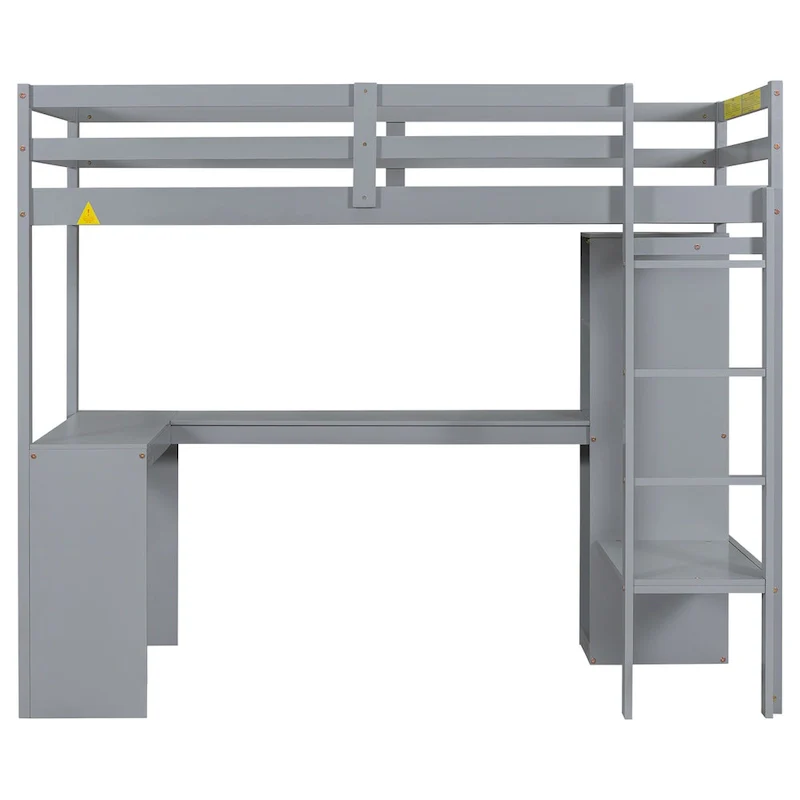 Grey Twin Solid Wood Loft Bed with L-Shaped Desk, Wardrobe & Shelves