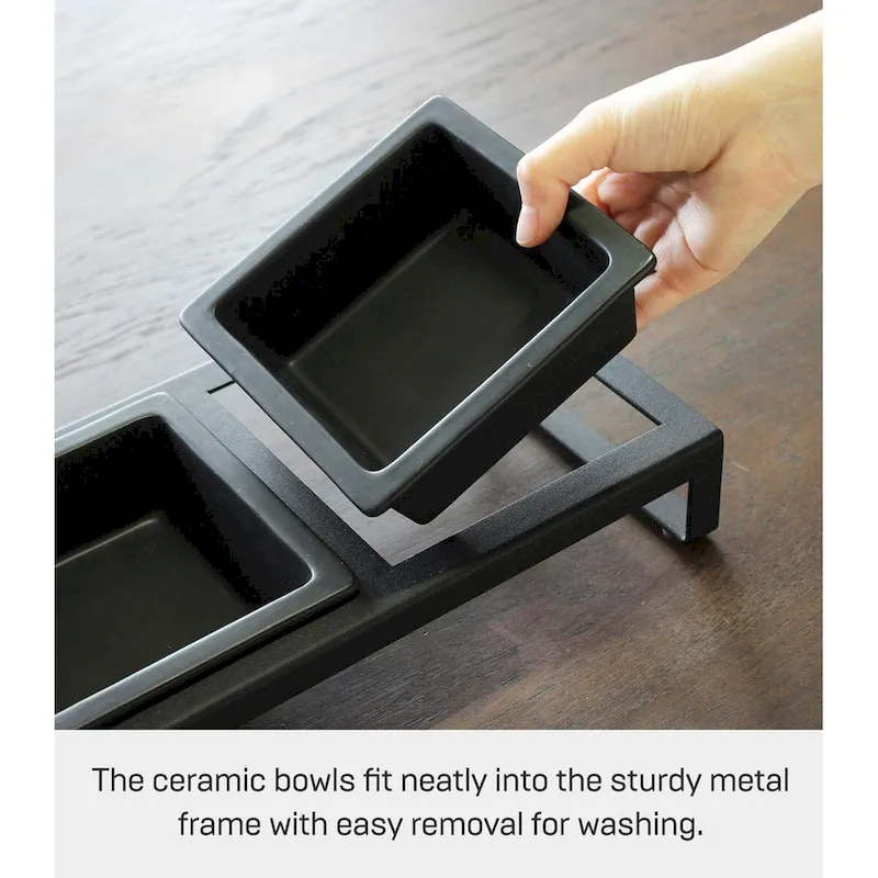 Elevated Pet Food Bowl Stand - Ceramic Bowls with Steel Frame (White/Black)