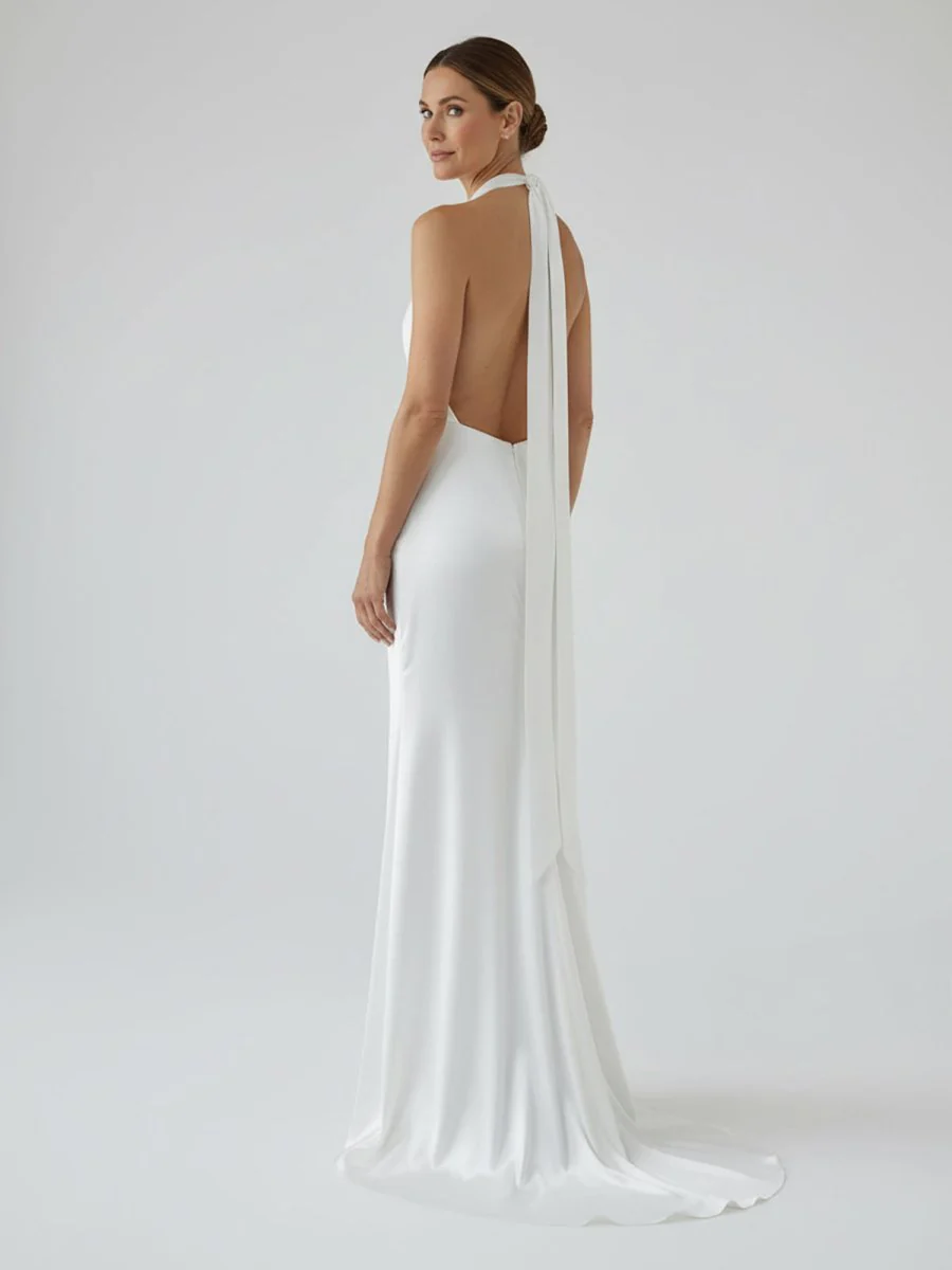 Sheath Satin Backless Halter Wedding Dress
