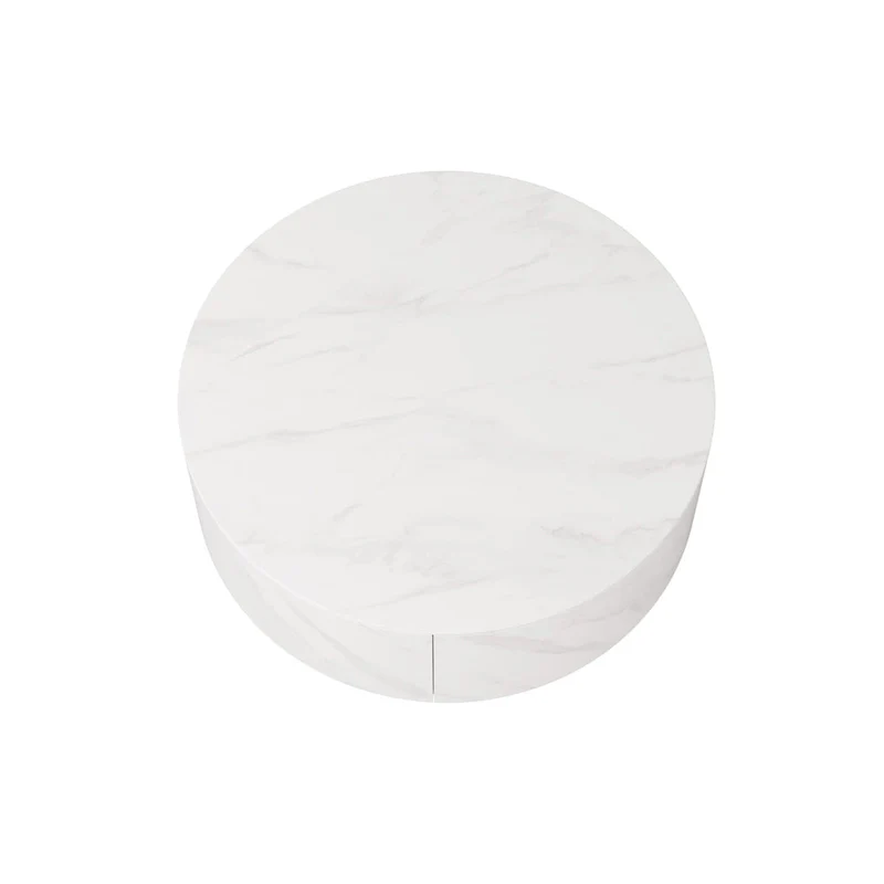 Modern Drum Coffee Table with Oak Veneer, Sintered Stone Coffee Table with 2 Solid Wood Drawers