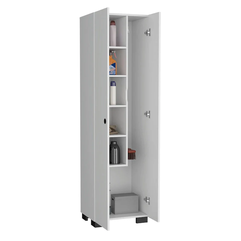 Slim Broom Cabinet with Inner Shelves & Side Broom Hangers — White