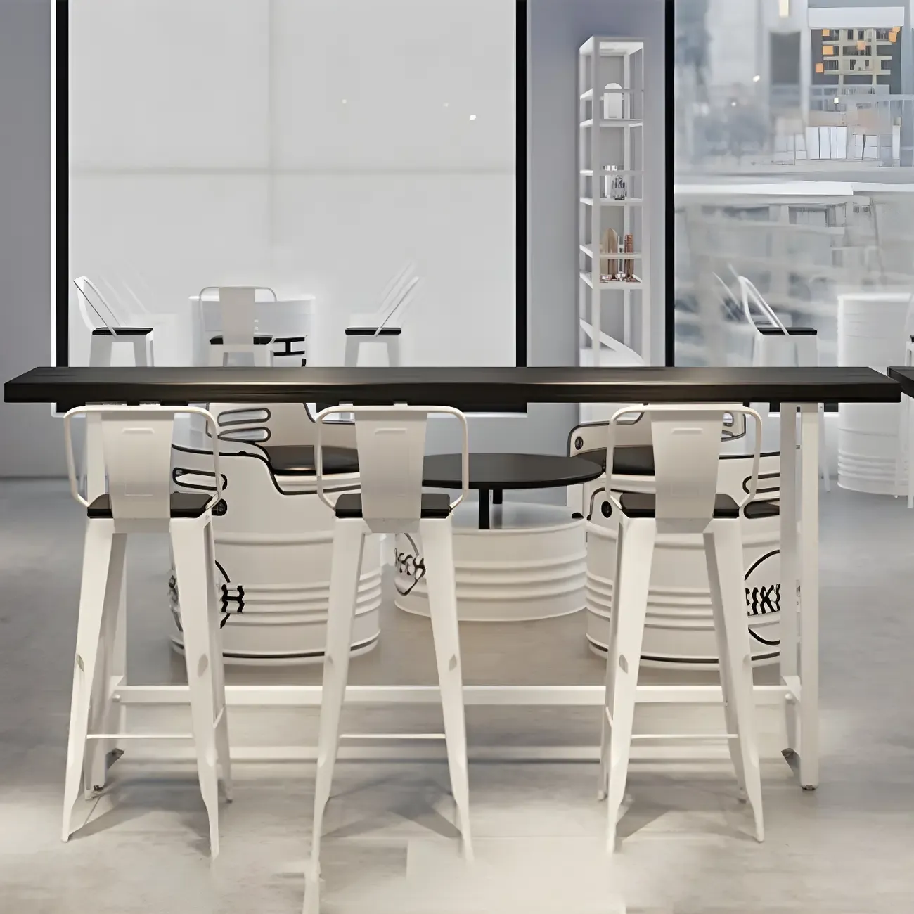 Industrial Black Wood Top Metal Trestle Base Bar Table