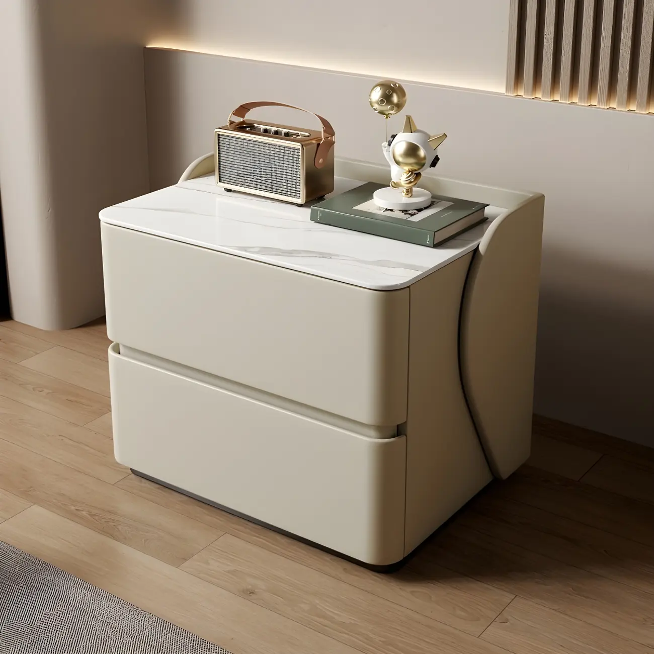 Modern Stone Top Leather Pine 2-Drawer Nightstand