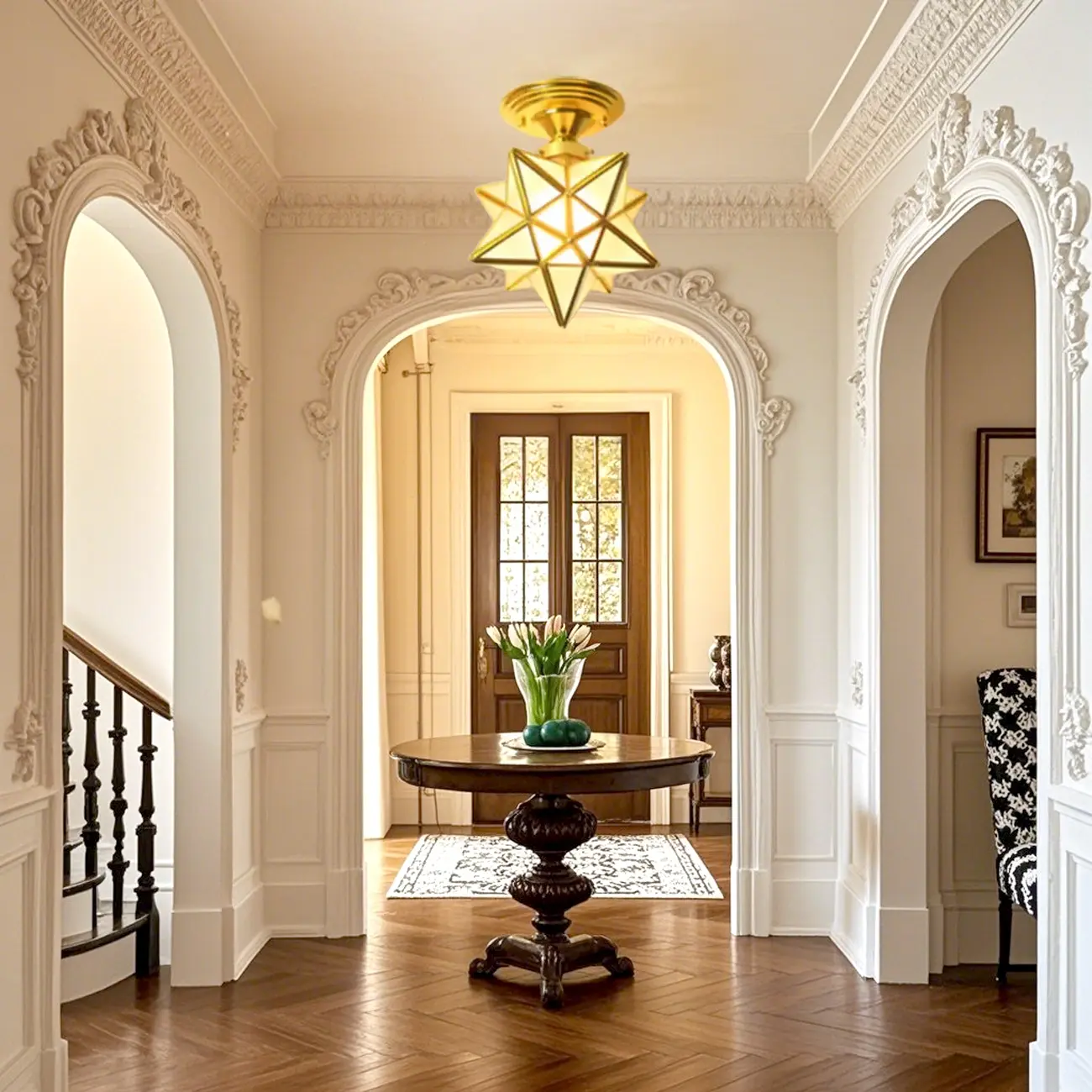 Colonial Style Gold Star Glass Shade Semi Flush Ceiling Light