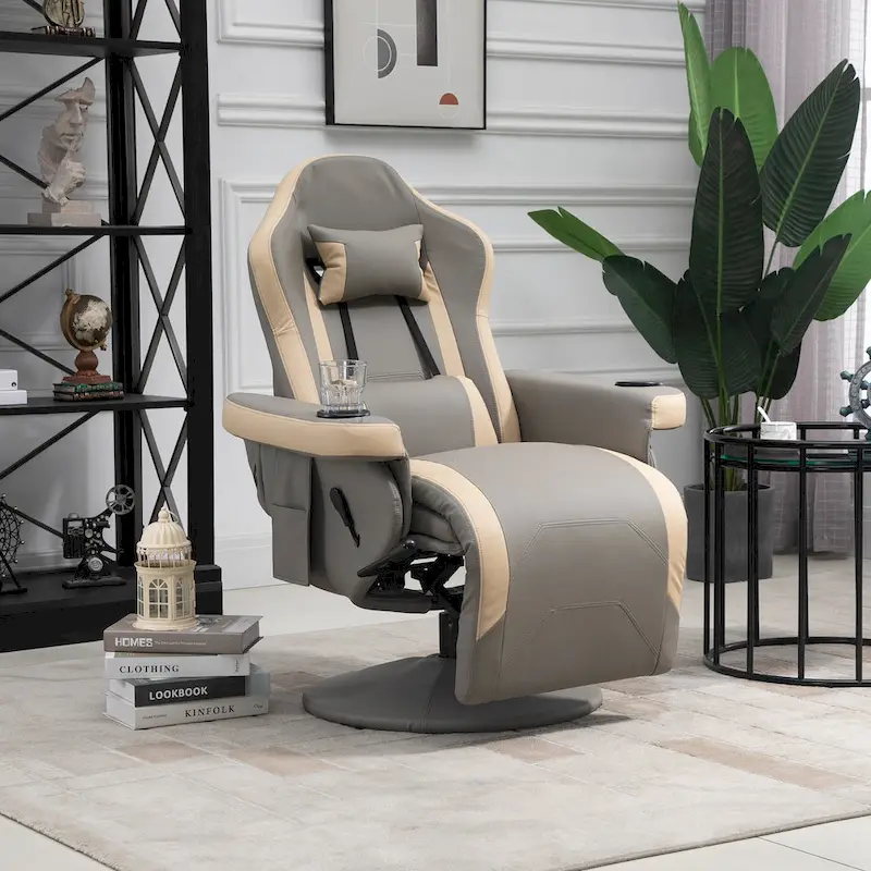 Grey PU Leather Manual Recliner Armchair with 360° Swivel, Adjustable Footrest & Cup Holder - Single Use