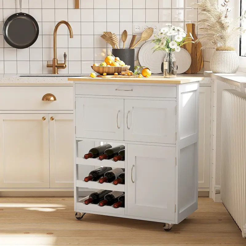 White Wood-Top Rolling Kitchen Cart with Drawer, Wine Rack & Cabinets