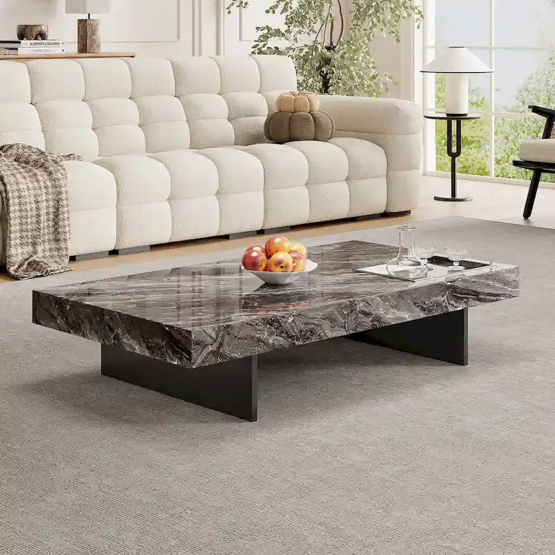 Modern 42 Faux Marble Square Coffee TableGlossy Sintered Stone Tabletop