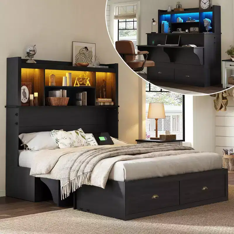 AMERLIFE Murphy Bed with Desk, Bookcase Headboard & LED Light, Storage Drawer & Charging Station
