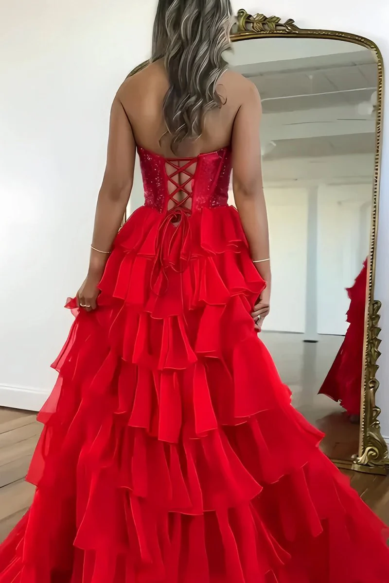 Red - A Line Strapless Chiffon Beaded Corset Long Prom Dress With Slit
