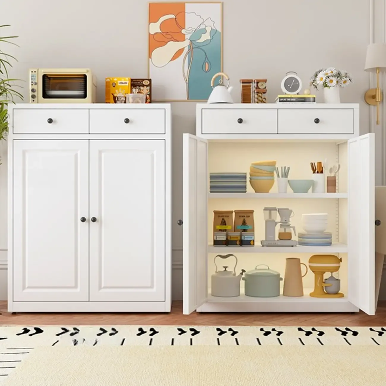 Narrow Metal White Buffet Cabinet with Drawer