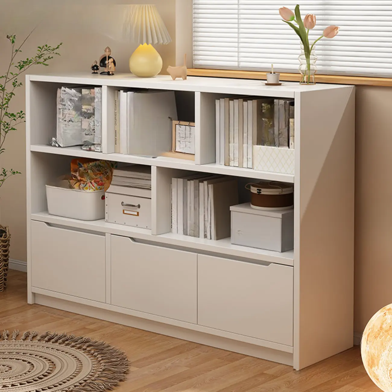 Low Horizontal White Wood Cube Bookcase