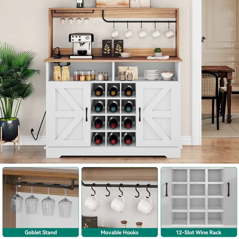 Bar Cabinet with Wine Rack and Power Outlets - 12-Bottle Storage (Black & Grey/White & Wood)