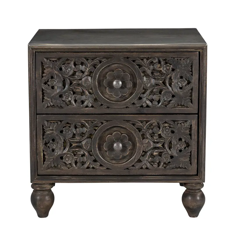 Brown / Dark Brown Mango Wood 2-Drawer Nightstand with Hand-Carved Drawer Fronts & Turned Legs – Bohemian Style