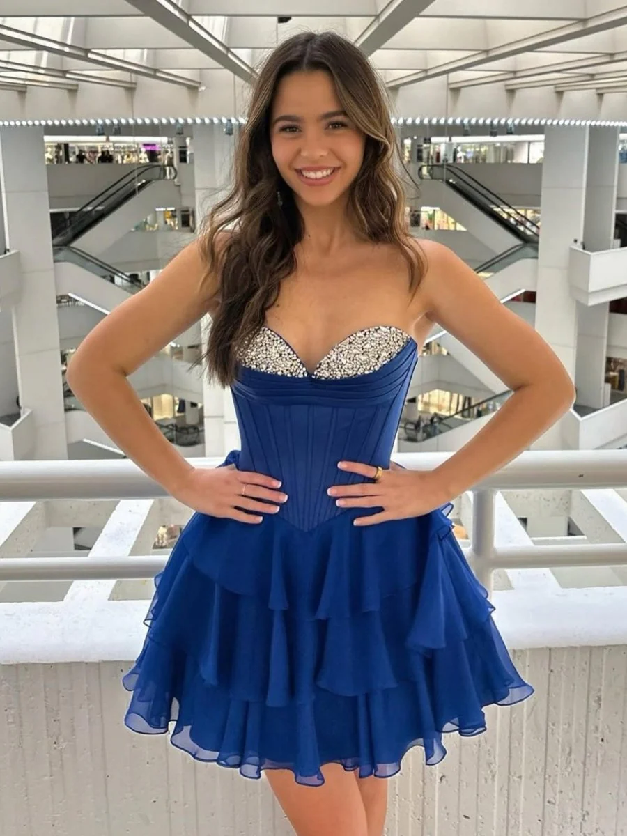 Royal Blue - Strapless A Line Ruffles Homecoming Dress With Beading